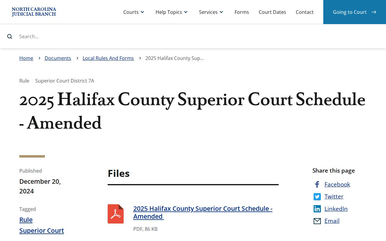 Halifax County civil docket Superior Court schedule