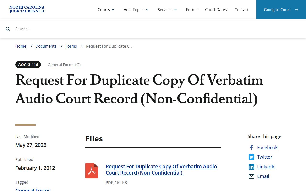 AOC-G-114 request for Halifax County non-confidential District Court audio record
